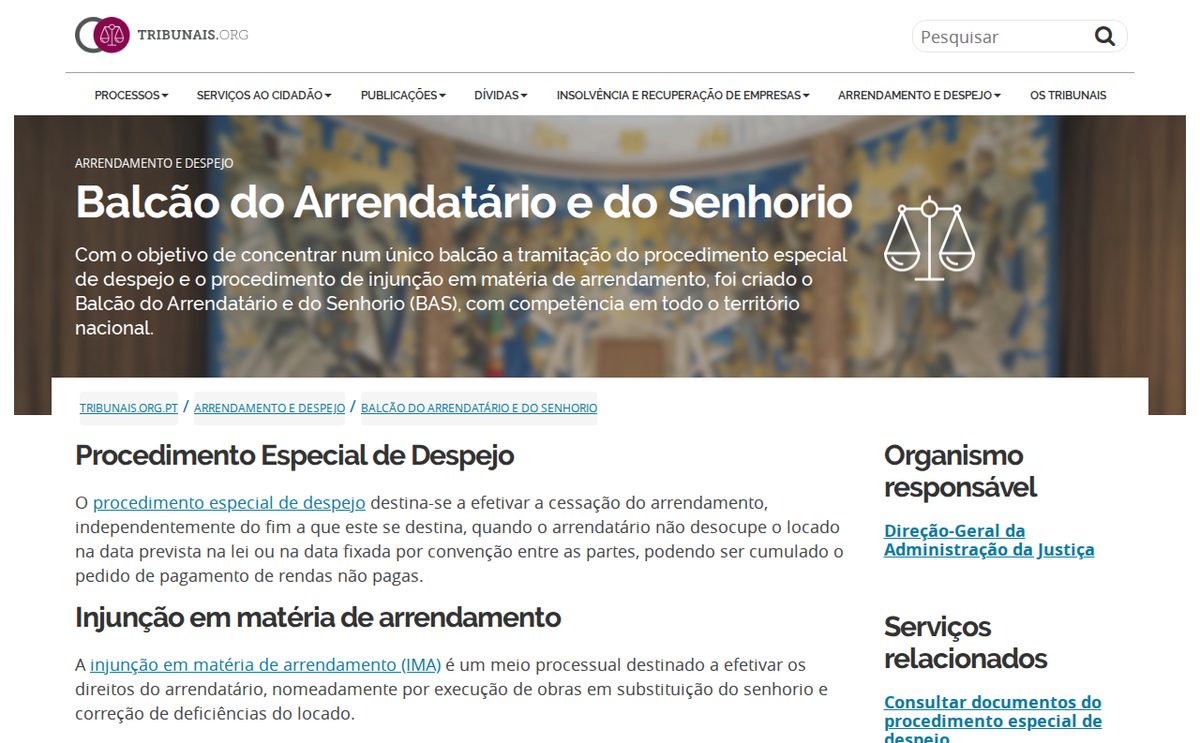 Balcão do Arrendatário e do Senhorio на портале судов: отсюда приходит уведомление о выселении и здесь же смотрят документы своего дела — tribunais.org.pt