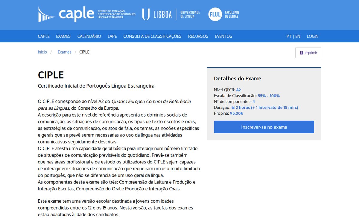 CAPLE — экзамен CIPLE: уровень A2, длительность и цена 95 €
