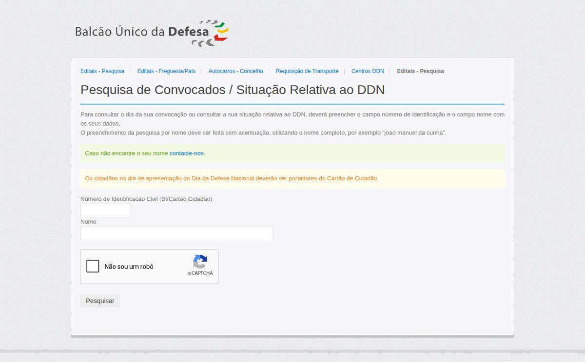 Поиск на сайте Balcão Único da Defesa: номер Cartão de Cidadão и полное имя без надстрочных знаков — ddn.dgrdn.gov.pt