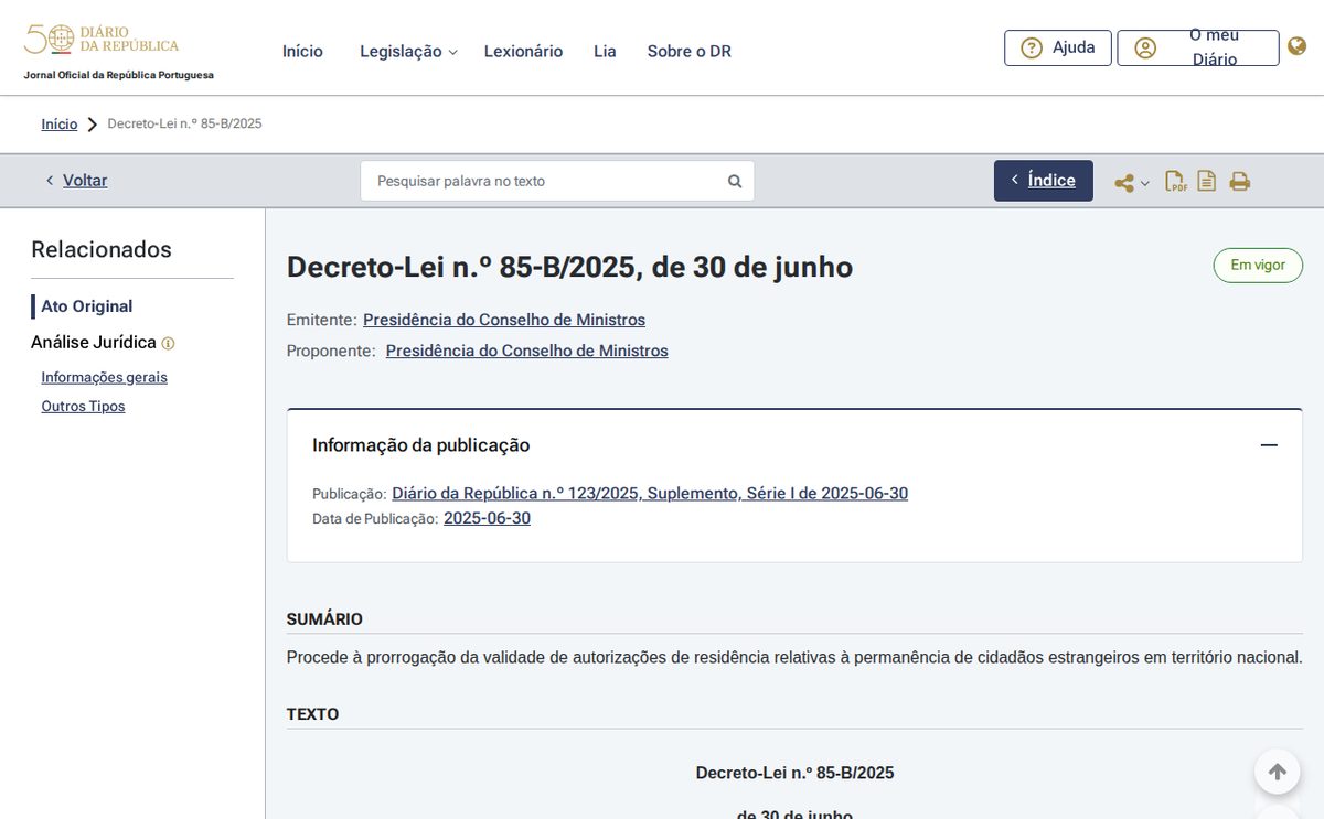 Decreto-Lei n.º 85-B/2025 в Diário da República: им продлена сила просроченных карточек и заведена бумага AIMA об оплате продления — diariodarepublica.pt