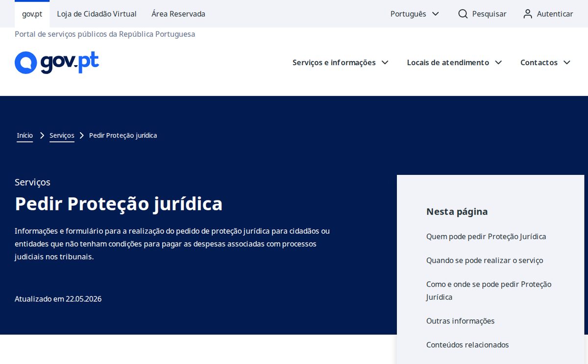 Страница услуги «Pedir Proteção jurídica» на портале государственных услуг: решает Segurança Social, ответ — за 30 дней — gov.pt
