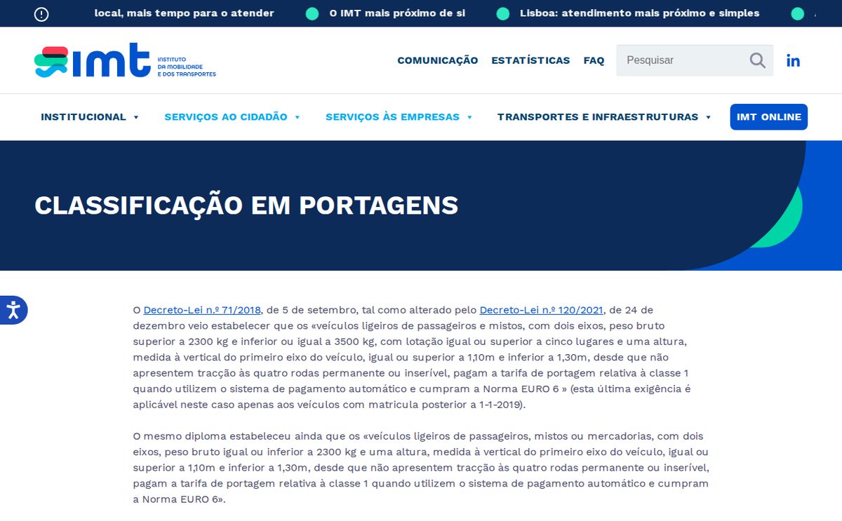 imt classificacao portagens