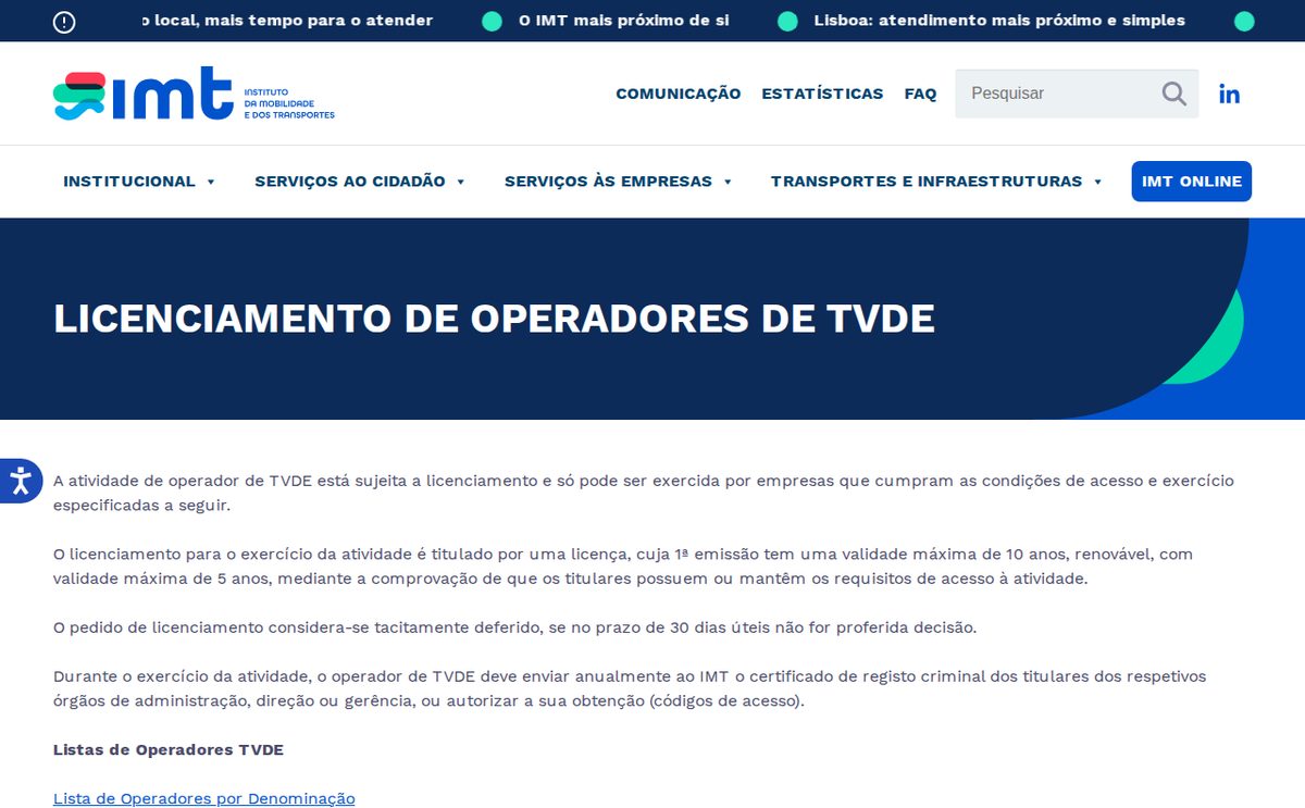 Страница IMT про лицензию оператора TVDE: требования, бланк Modelo 30 и пошлина — imt-ip.pt