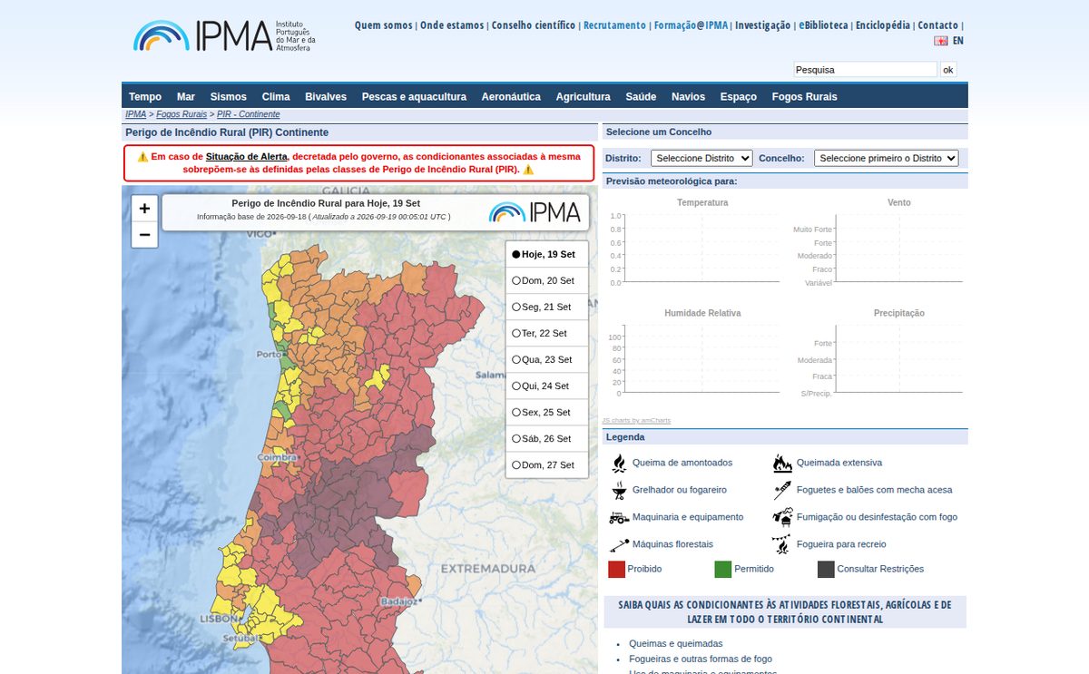 IPMA — опасность лесного пожара по муниципалитетам: карта на сегодня и на девять дней вперёд, а в легенде — что при таком цвете запрещено